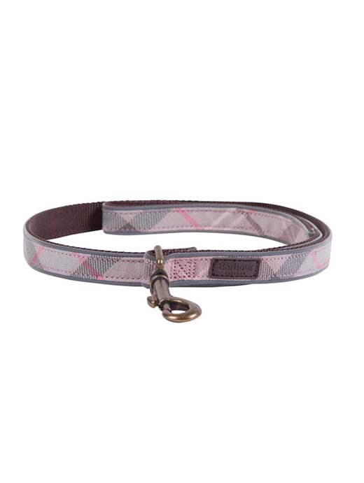 Barbour Reflective Tartan Dog Lead Taupe Pink Tartan