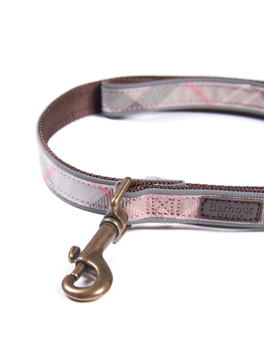 Barbour Reflective Tartan Dog Lead Taupe Pink Tartan