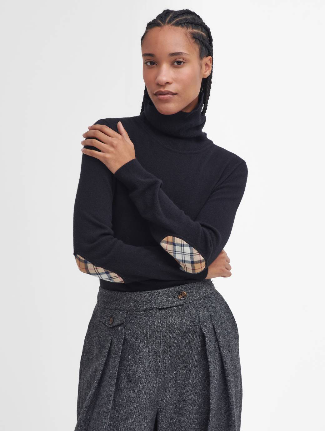Barbour Women's Pendle Roll Collar Knitted Jumper Black/Hessian Tartan