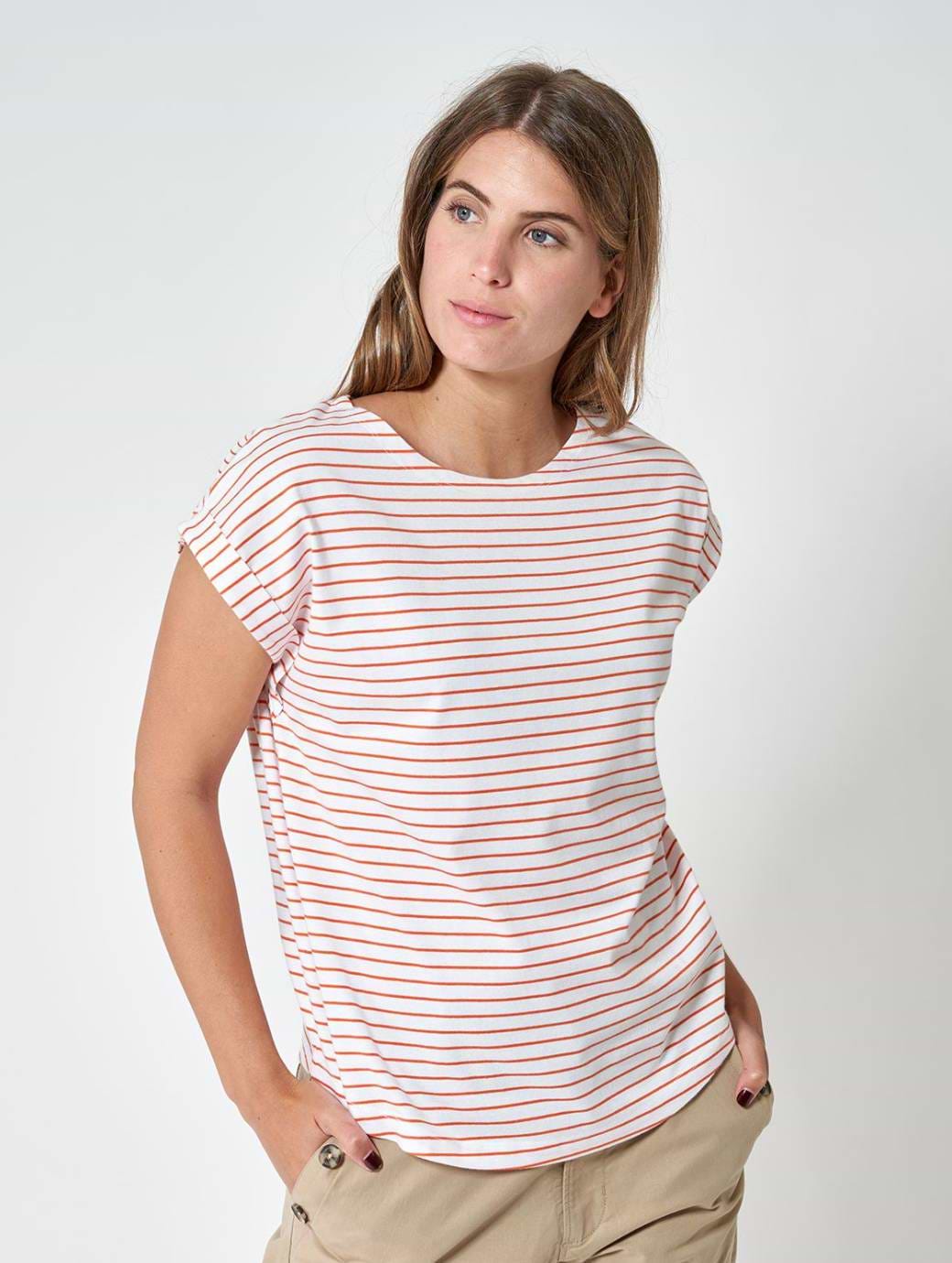 Batela Women's Fine Striped Drop Sleeve T-Shirt White/Vermillo