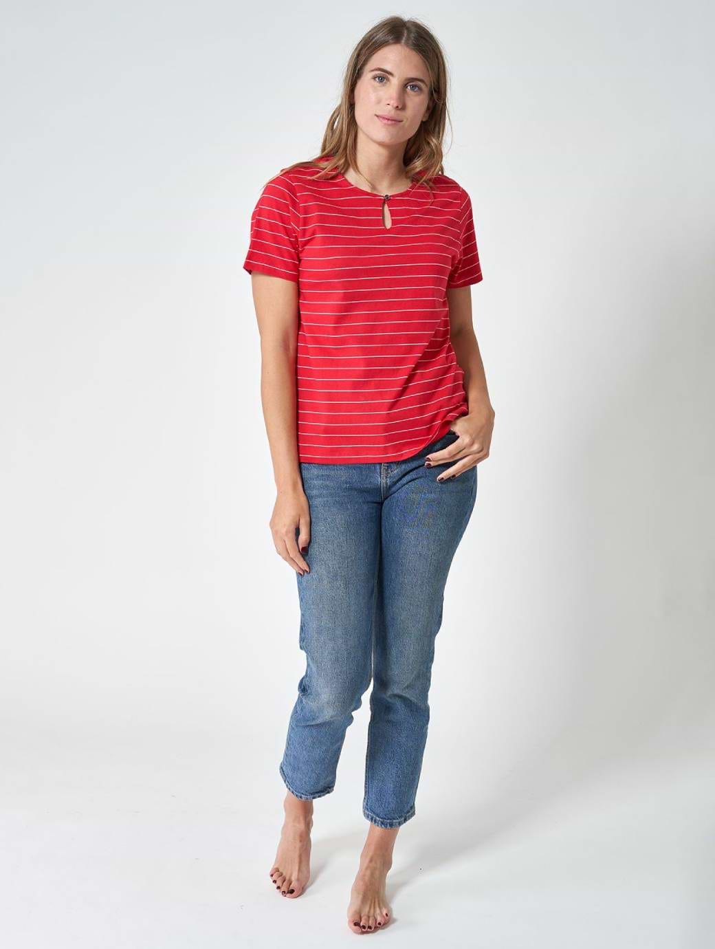 Batela Women's T-Shirt with Eyelet Neckline Ski Patrol/Coral