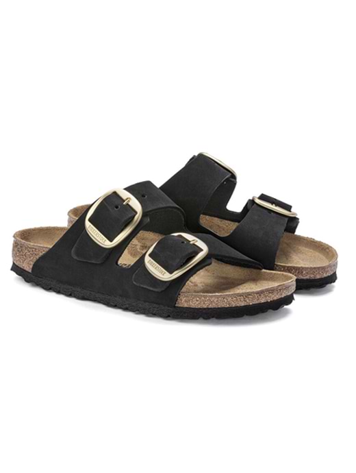 Birkenstock Women's Big Buckle Nubuck Leather Sandal Narrow Fit Black (Gold) 
