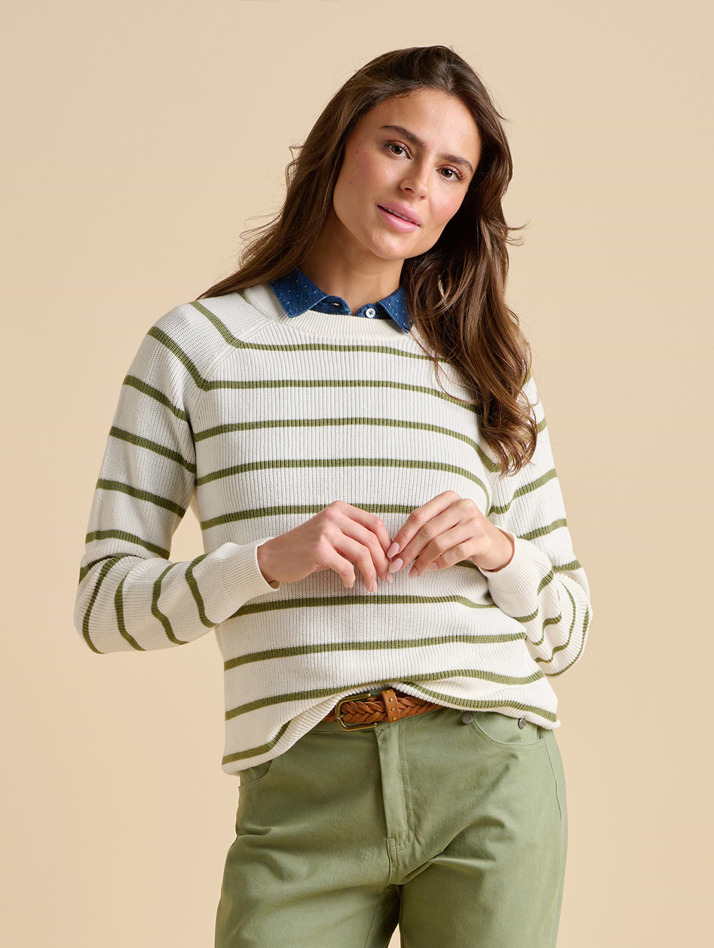 Brakeburn Women's Stripe Crew Neck Knitted Jumper Cream
