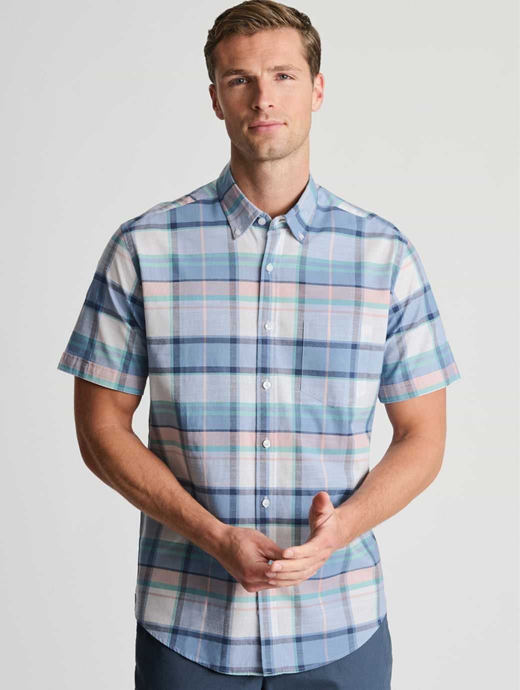 Brook Taverner Mens Check Cotton Short Sleeve Shirt Blue