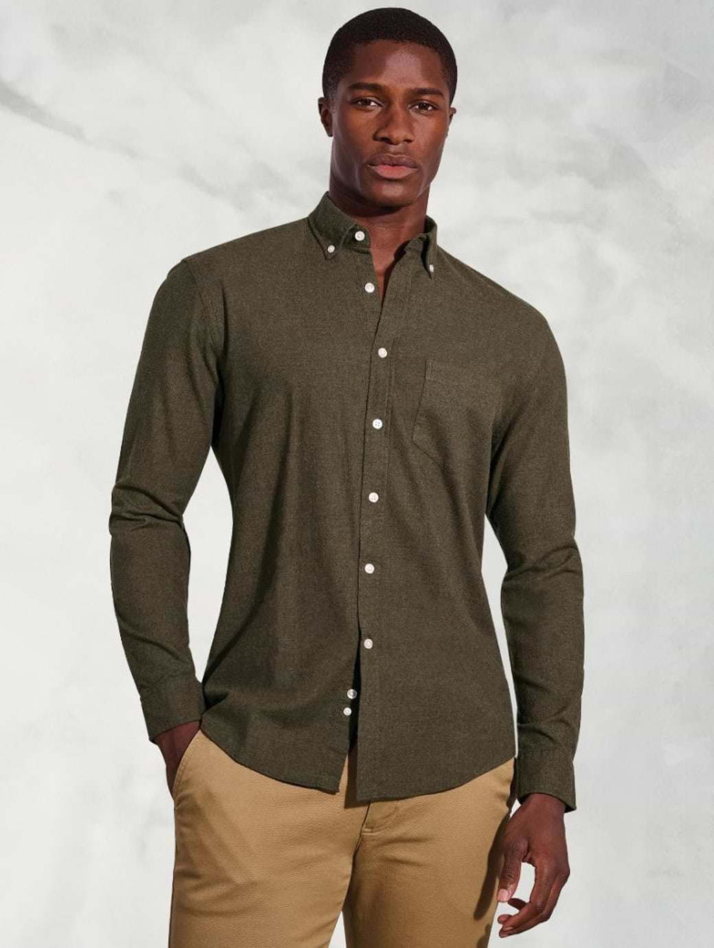Brook Taverner Men's Regular Fit Melange Brushed Cotton Shirt Khaki