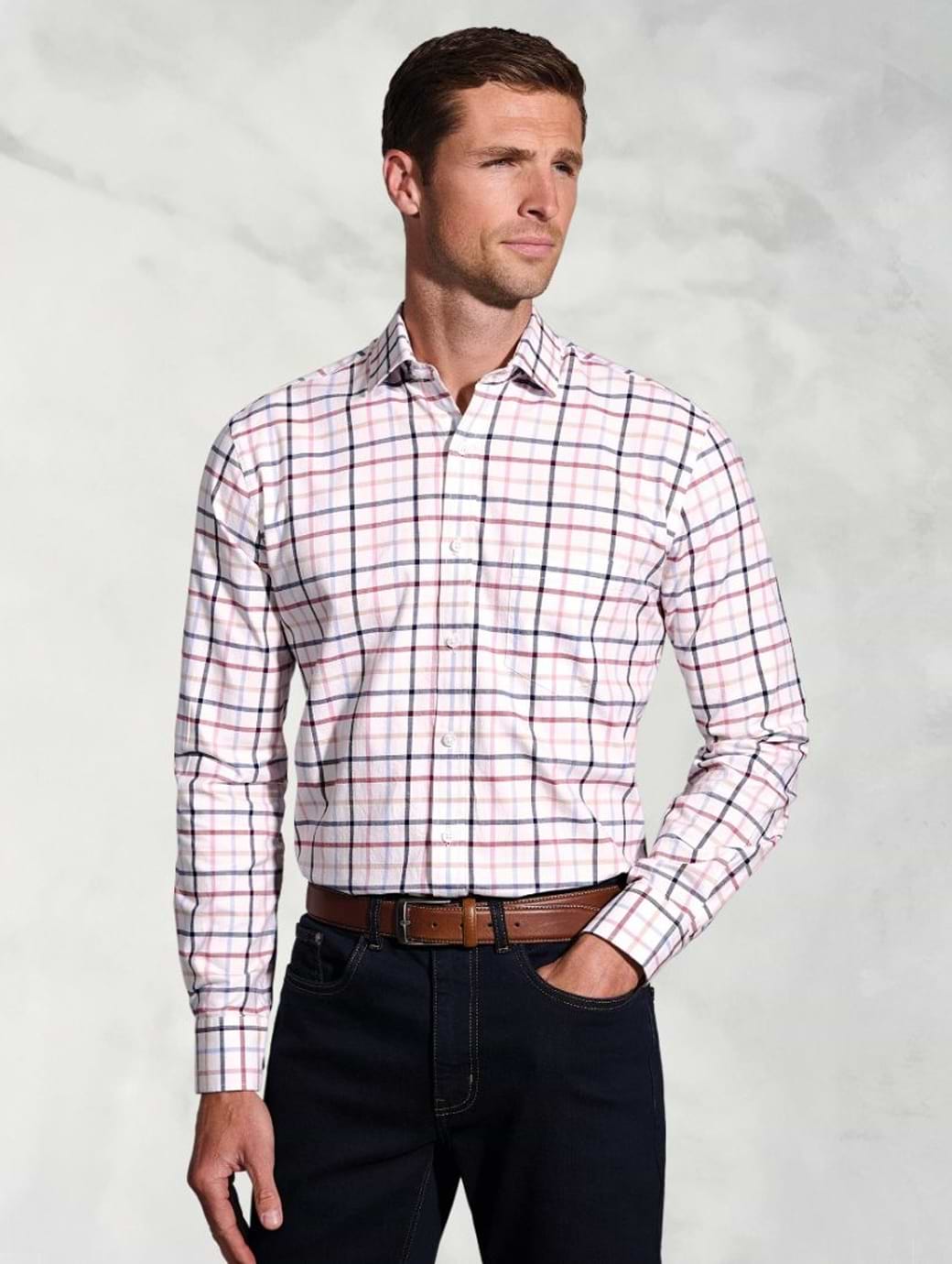 Brook Taverner Men's Regular Fit Tattersall Check Cotton Shirt Pink