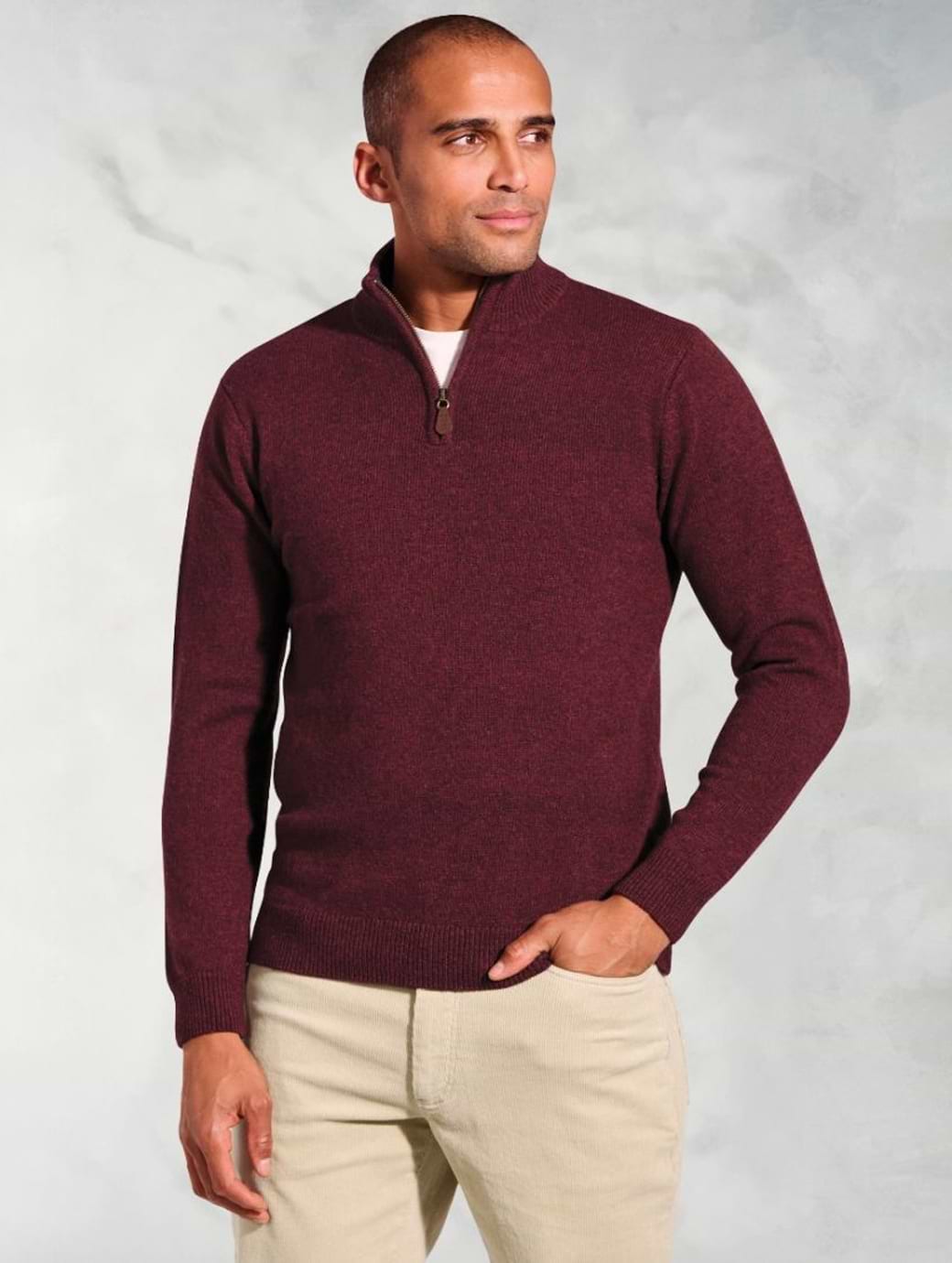 Brook Taverner Men's Rutherford Lambswool Zip Neck Jumper Burgundy