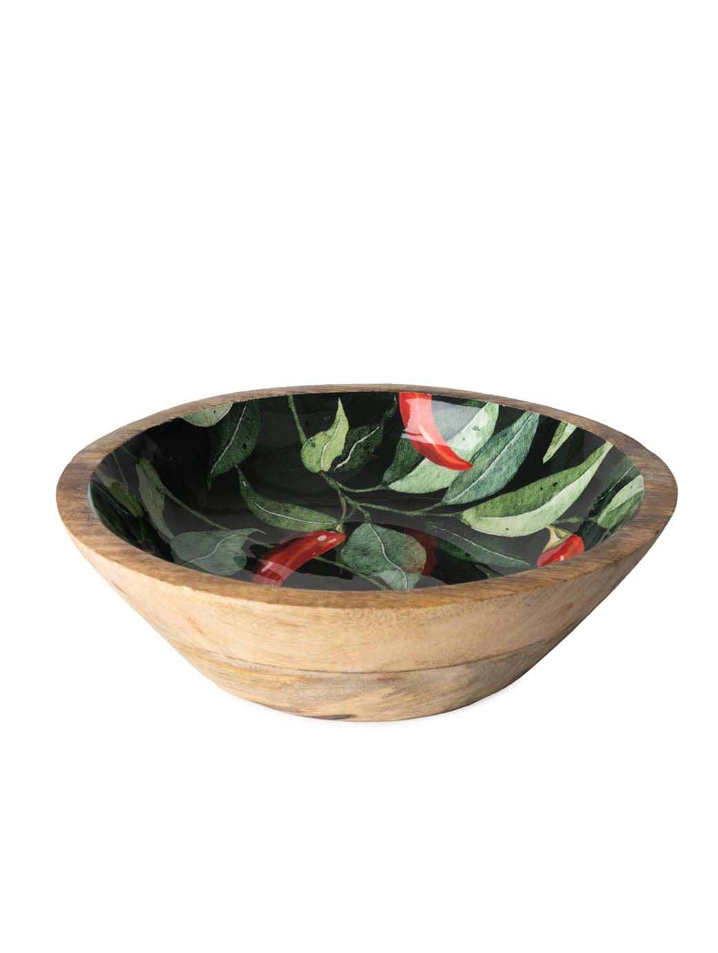 Candlelight Large Mango Wood Bowl Enamel Chilli Print