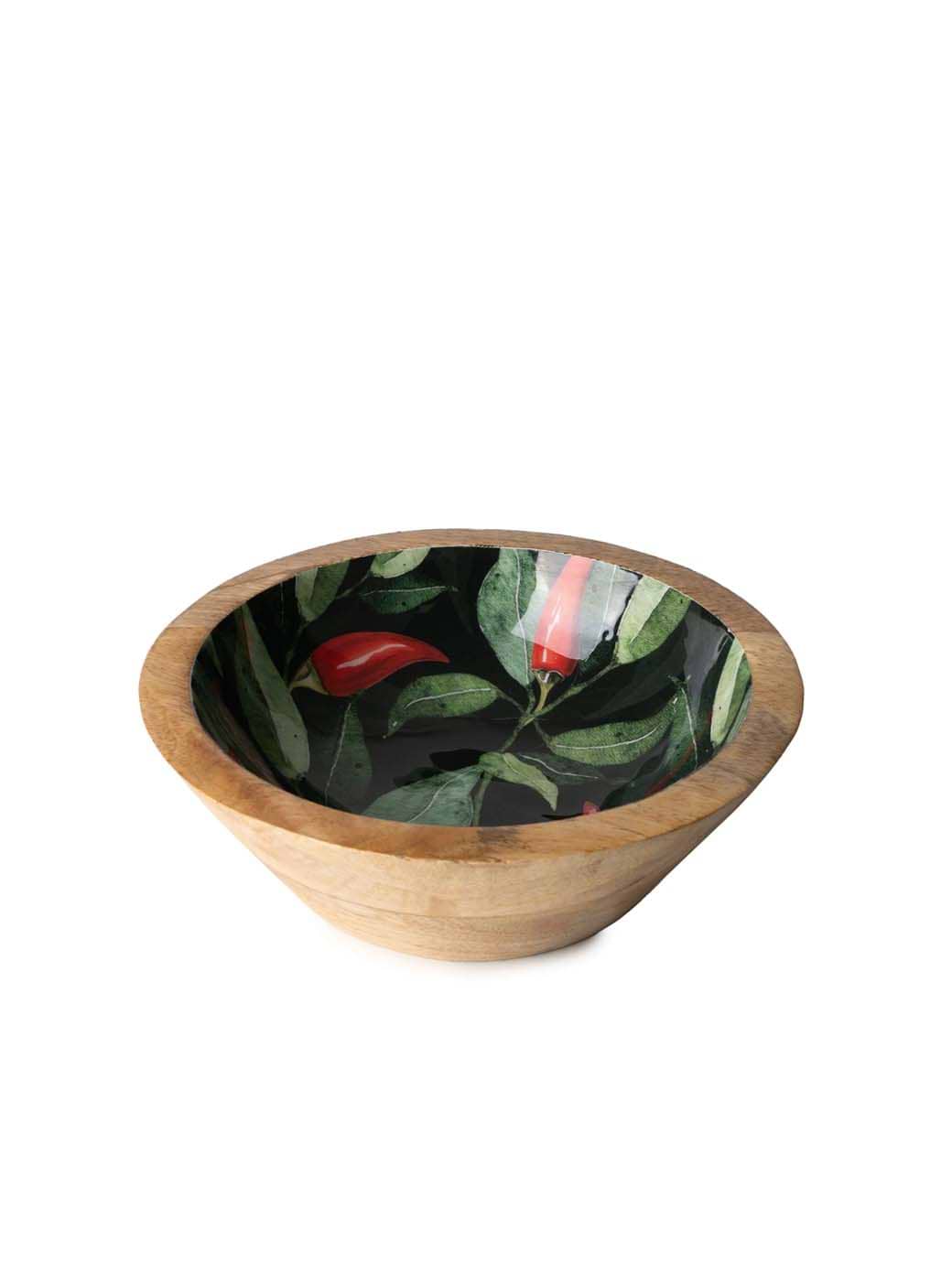 Candlelight Medium Mango Wood Bowl Enamel Chilli Print