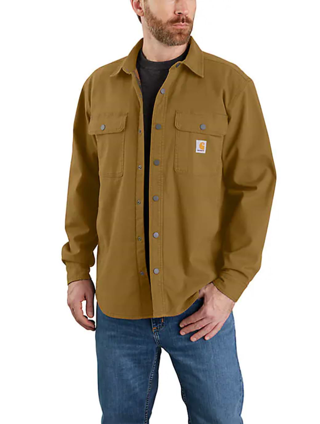 Carhartt Men's Rugged Flex Relaxed Fit Canvas Fleece-Lined Shirt Jacket Oak Brown