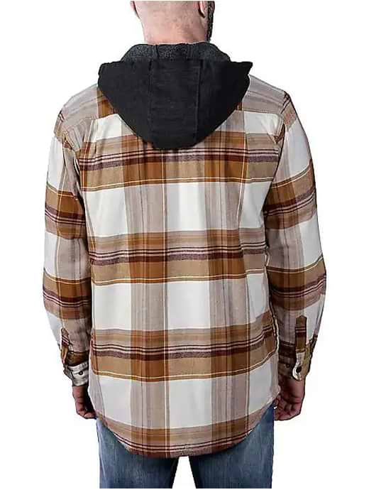 Carhartt Rugged Flex Relaxed Fit Flannel Fleece Lined Hooded Shirt Jacket Brown
