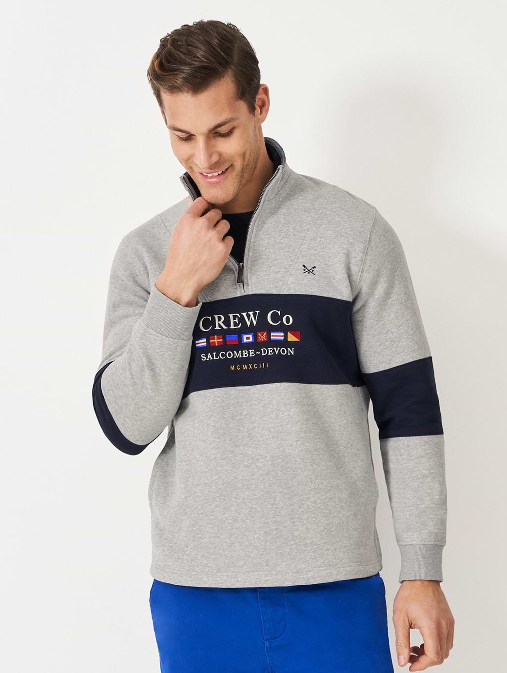 Crew Clothing Men's Cut and Sew Graphic 1/2 Zip Sweatshirt Mid Grey Marl/Heritage Dark Navy