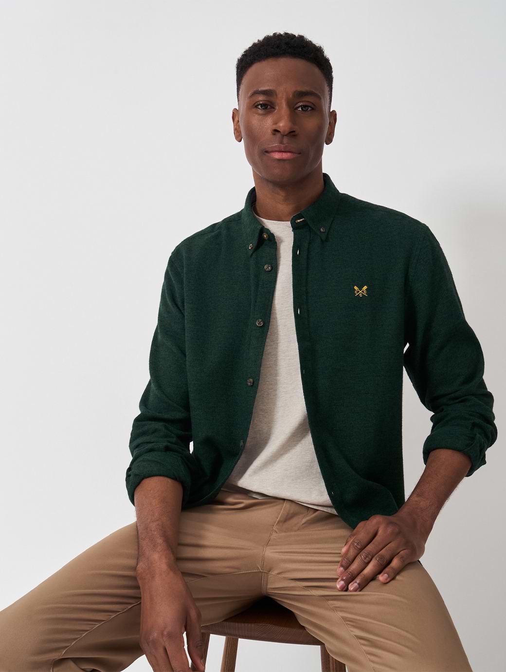 Crew Clothing Men's Long Sleeve Jaspe Plain Flannel Shirt Botanic Green