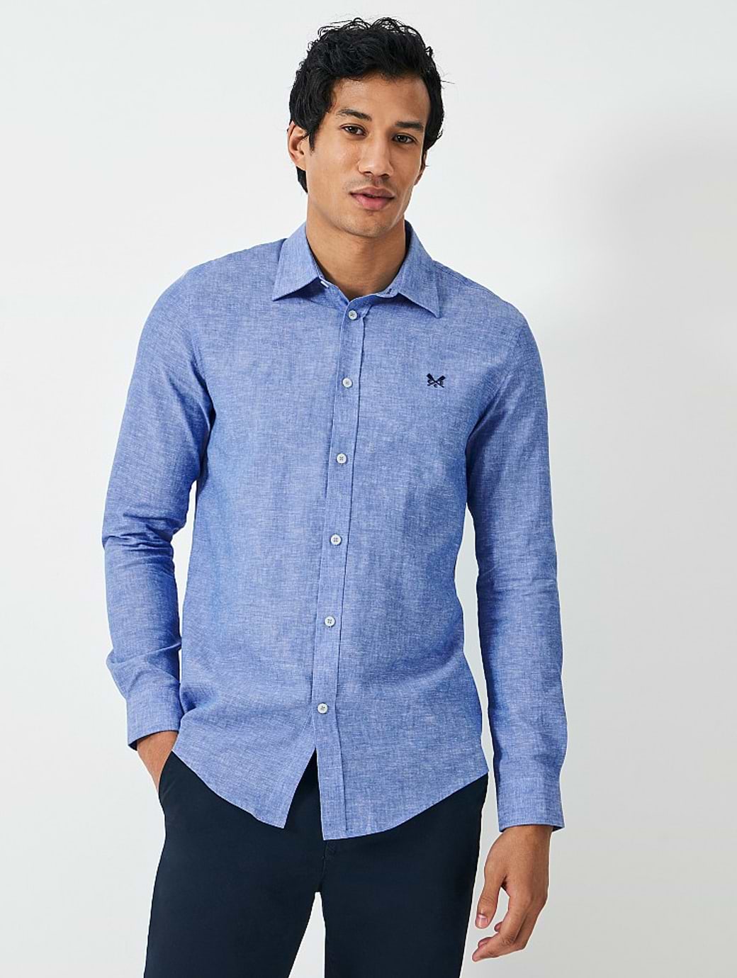 Crew Clothing Men's Long Sleeve Linen Shirt Dusk Blue