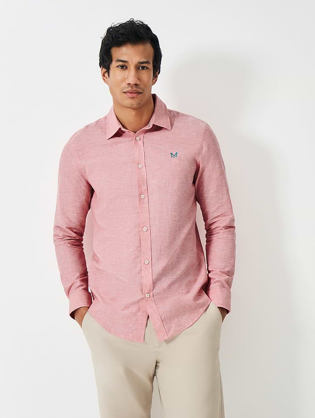 Crew Clothing Men's Long Sleeve Linen Shirt Flamingo Plume
