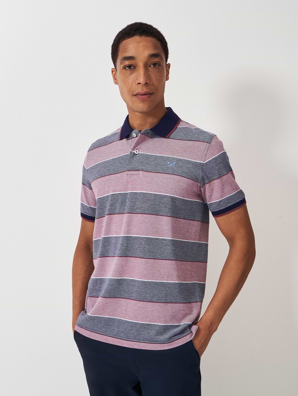 Crew Clothing Men's Oxford Stripe Polo Deco Rose/Heritage Dark Navy/Heritage White