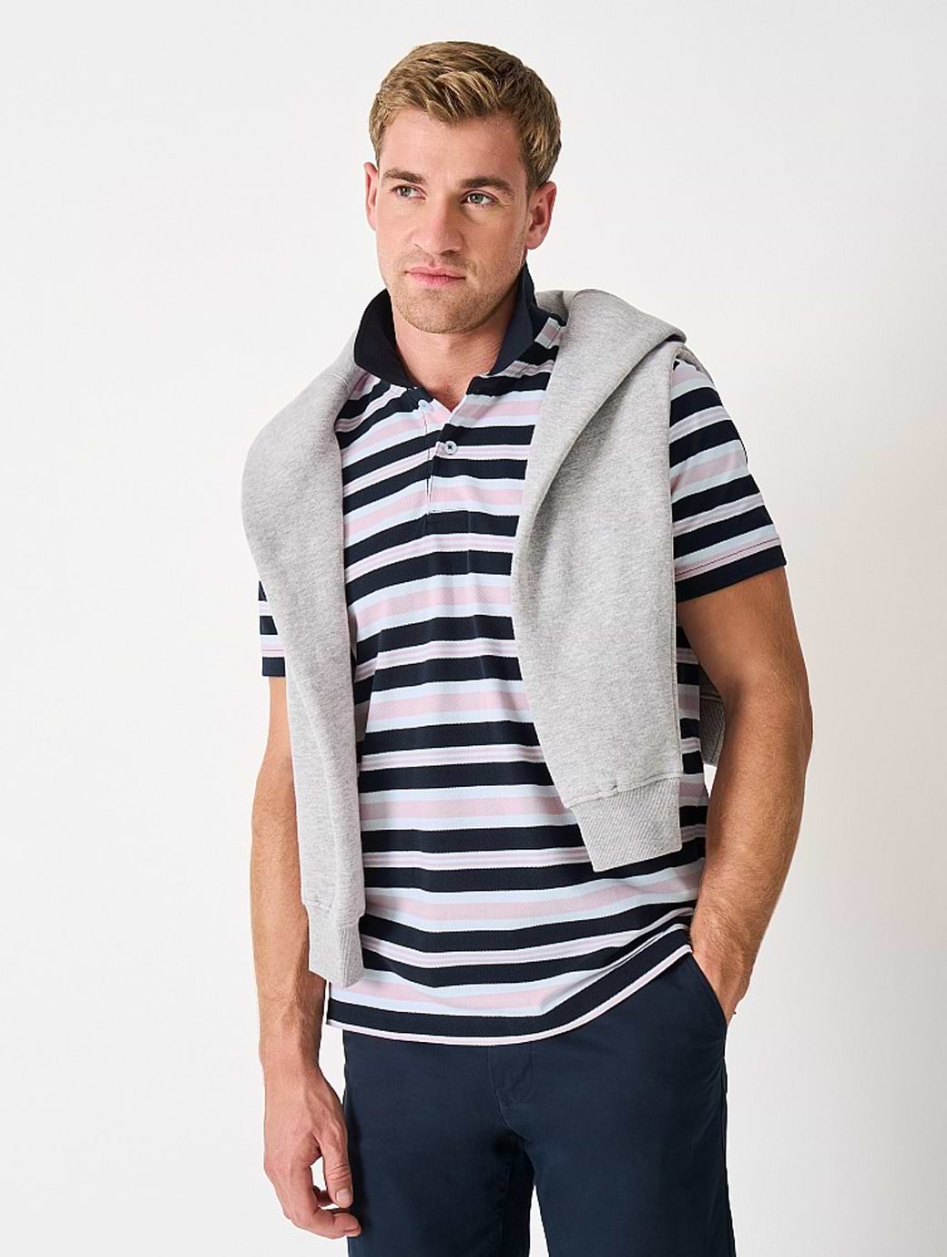 Crew Clothing Men's Striped Yarn Dyed Polo Navy Pink White