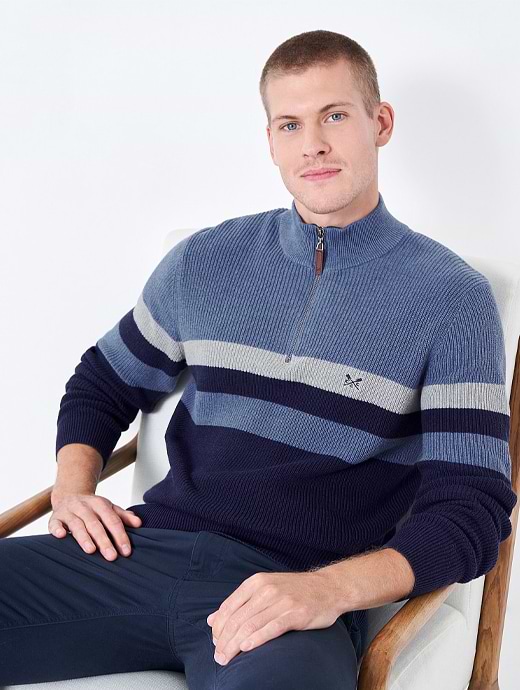 Crew Clothing Rye Ribbed Stripe Half Zip Multi Blue