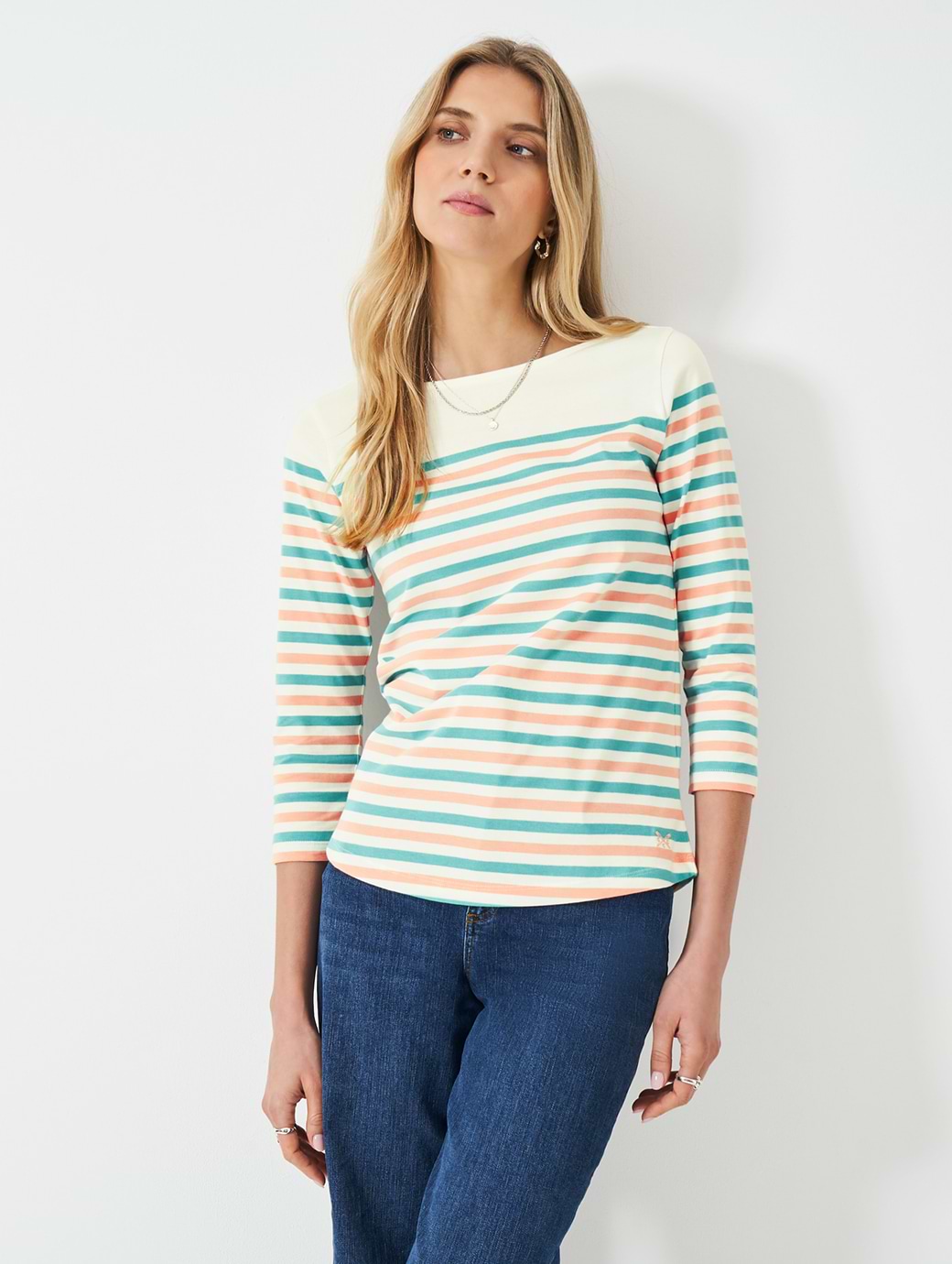 Crew Clothing Women's Essential Breton White Linen/Waterfall/Goodlight Peach 
