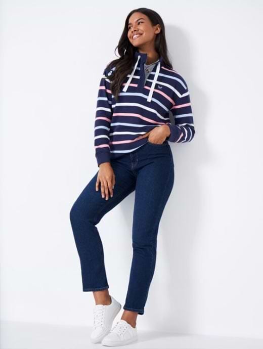 Crew Clothing Women s Half Button Sweatshirt With Toggles Dark Navy Pale Blue White Rose