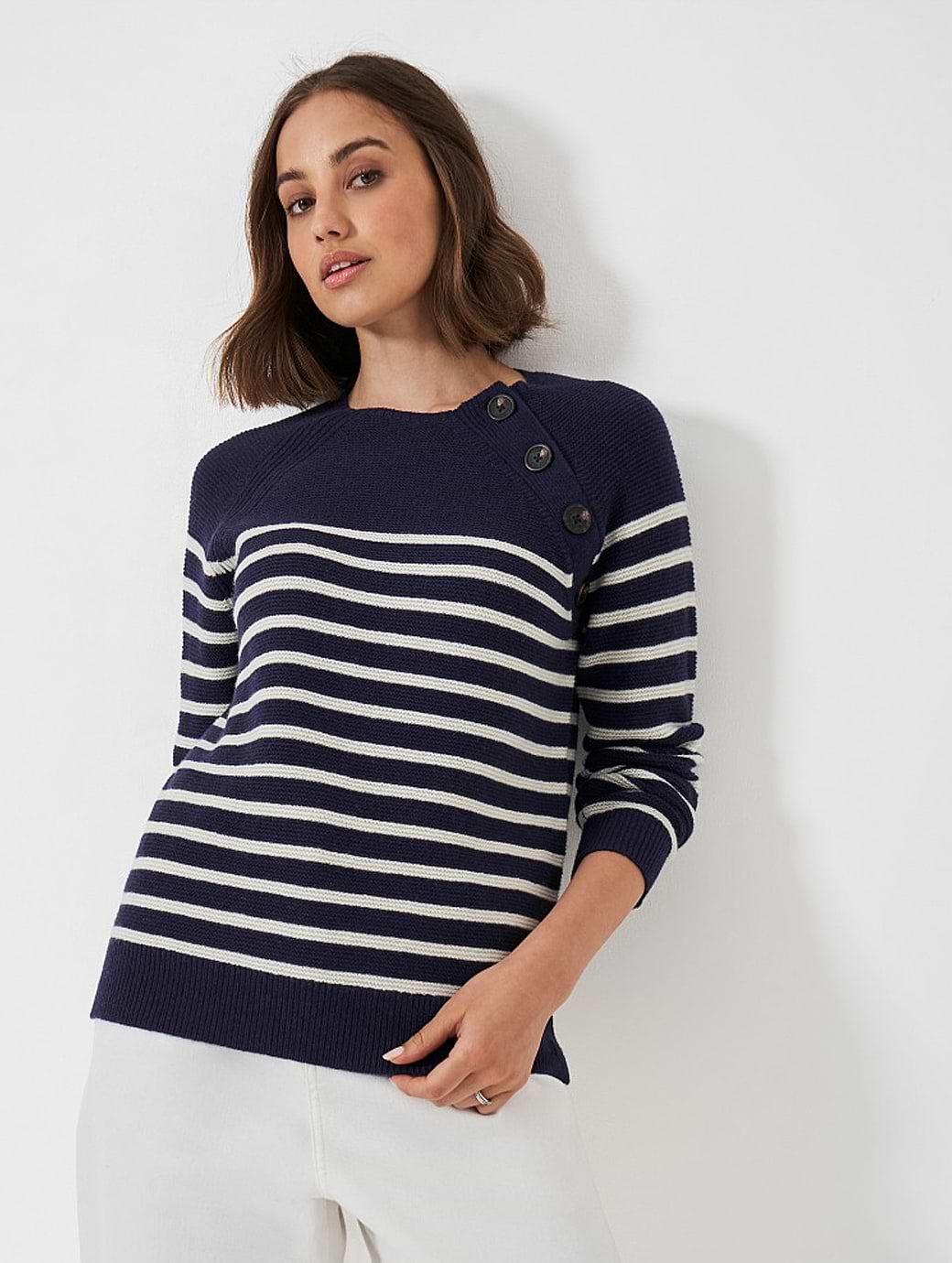 Crew Clothing Women's Harmony Merino Wool Blend Rachel Button Neck Raglan Sleeve Jumper Navy White
