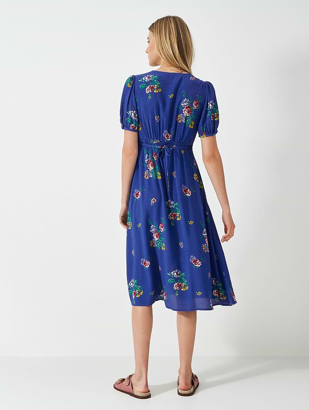 Crew Clothing Women's Lola Tie Back Short Sleeve Tea Dress Scattered Folk  Floral Blue