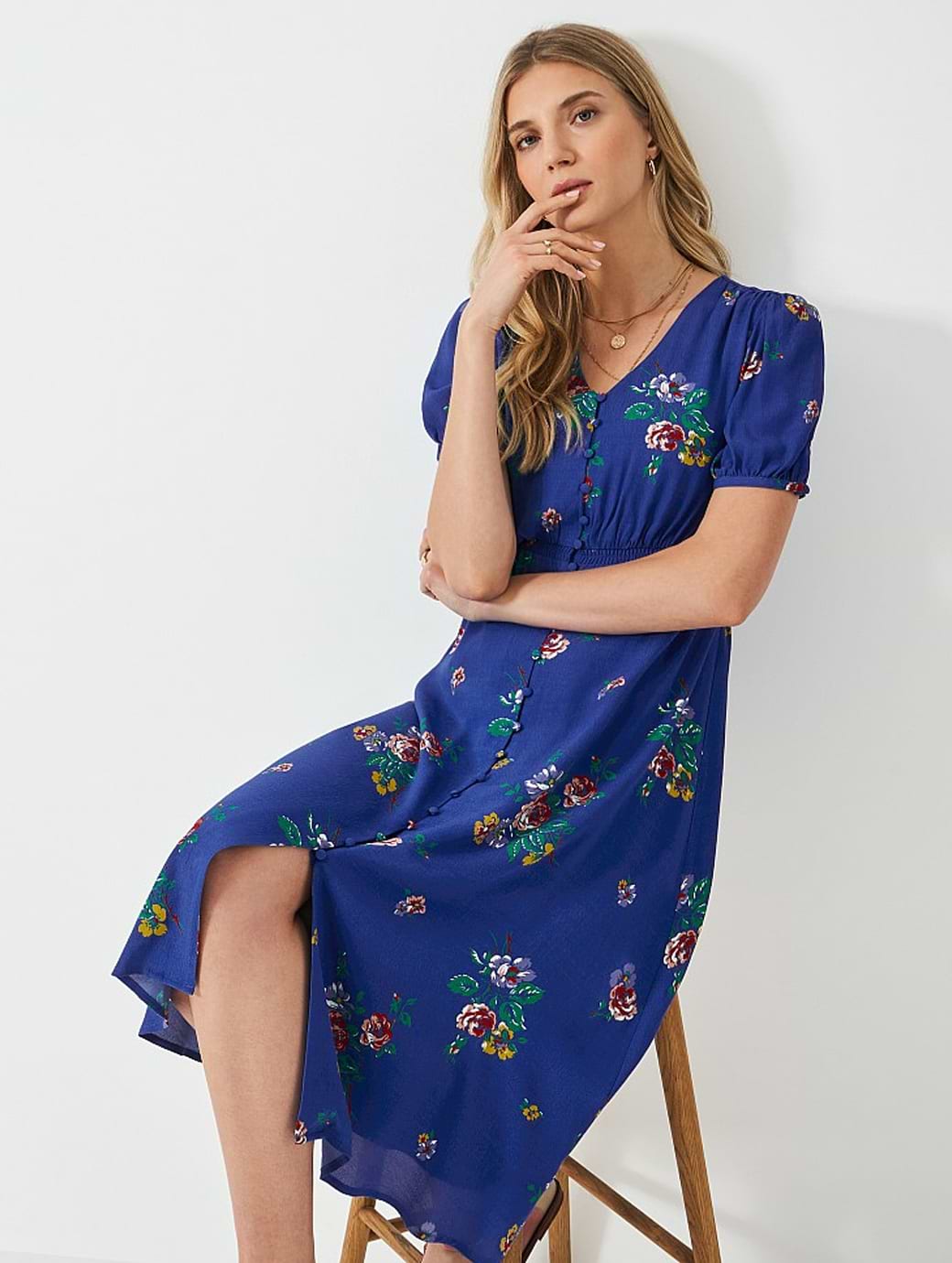 Crew Clothing Women's Lola Short Sleeve Tea Dress Floral Blue