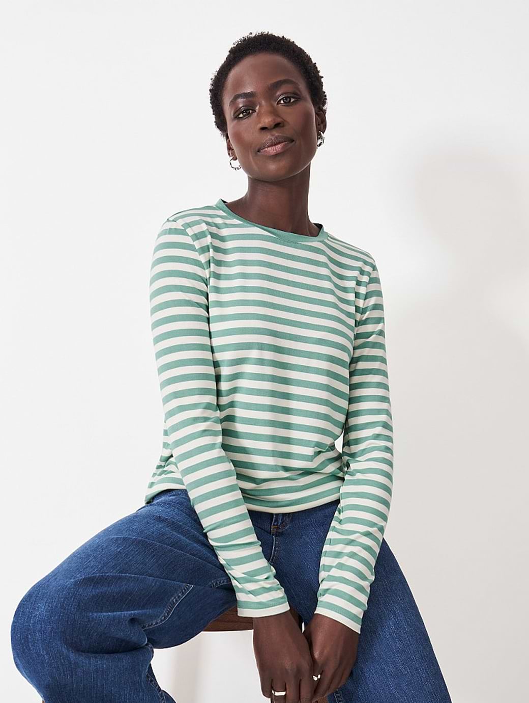 Crew Clothing Women's Modal Blend Striped Super Soft Crew Neck Top Green/White