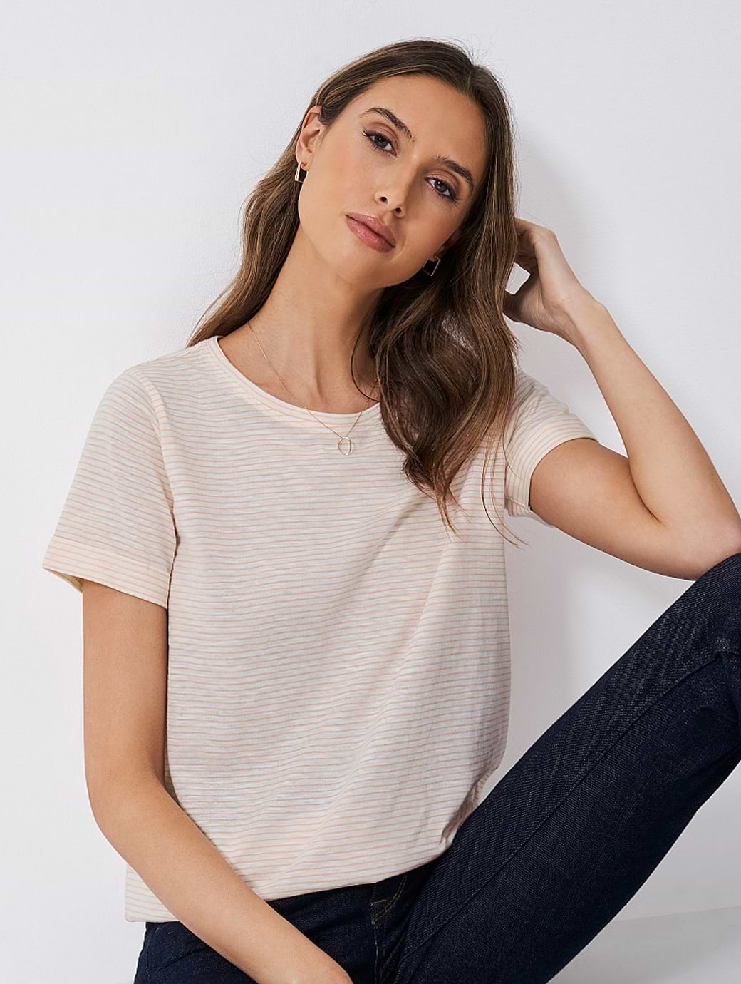 Crew Clothing Women's Stripe Crew Neck Slub T-Shirt Peach White