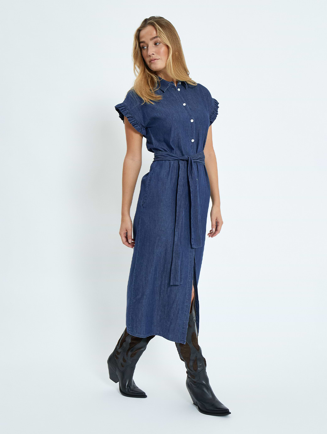Desires Women's Darlene Frill Midi Dress Mid Blue Denim