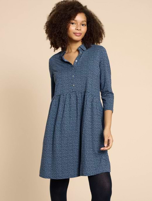 White Stuff Petite Women's Everly Jersey Shirt Dress Blue Print