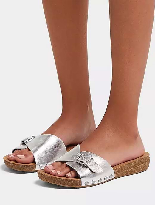 Fitflop Women s Iqushion Adjustable Buckle Metallic Leather Slides Silver