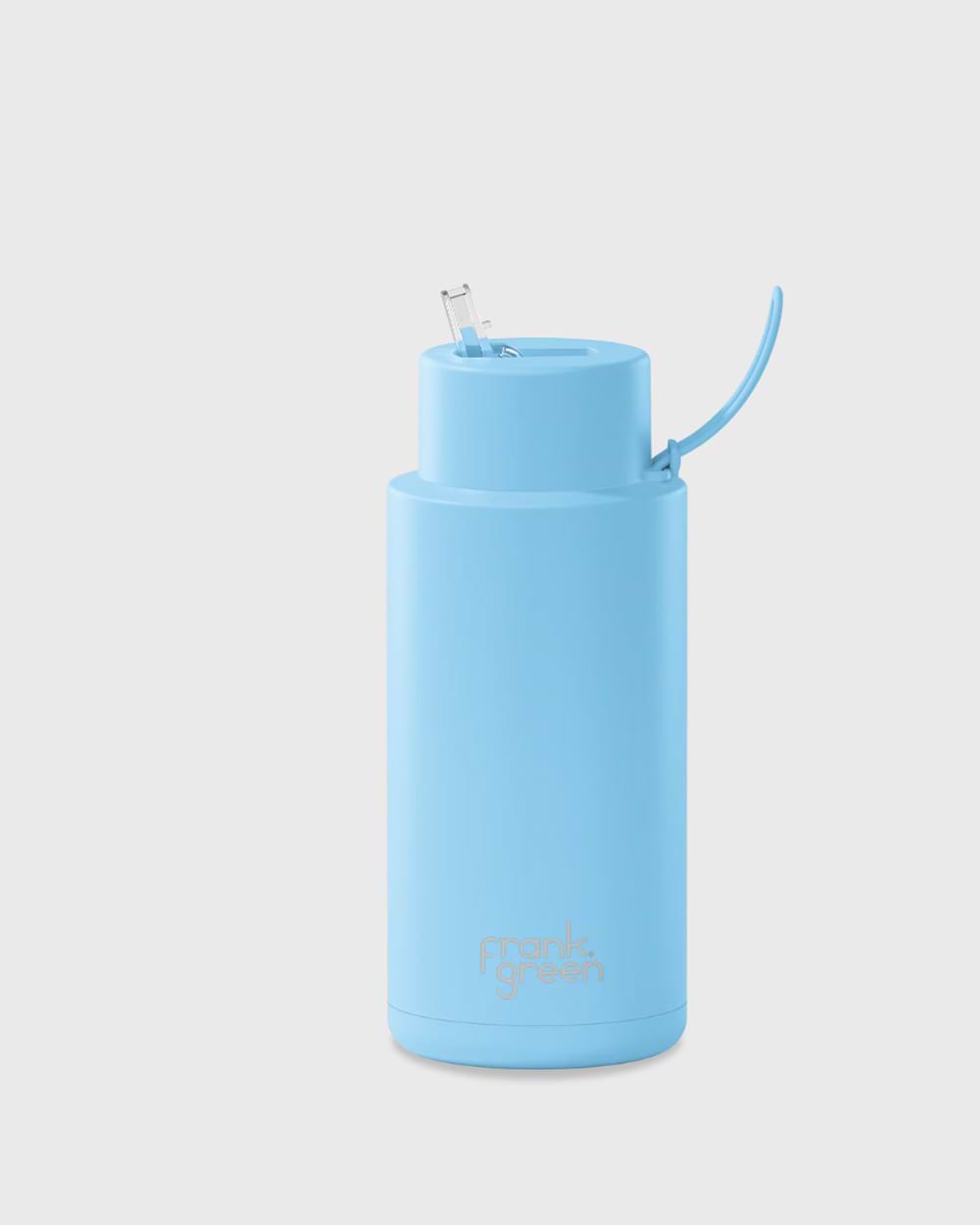 Frank Green 34oz Stainless Steel Ceramic Reusable Bottle with Gold Straw Lid and Strap Sky Blue