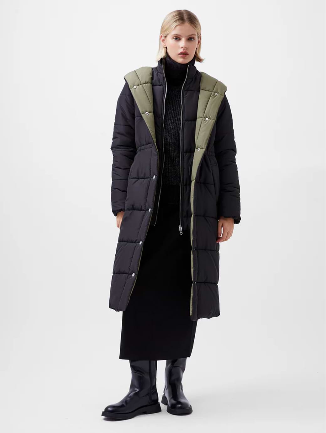 French Connection Auden Double Front Puffer Jacket Blackout Tarmac Khaki