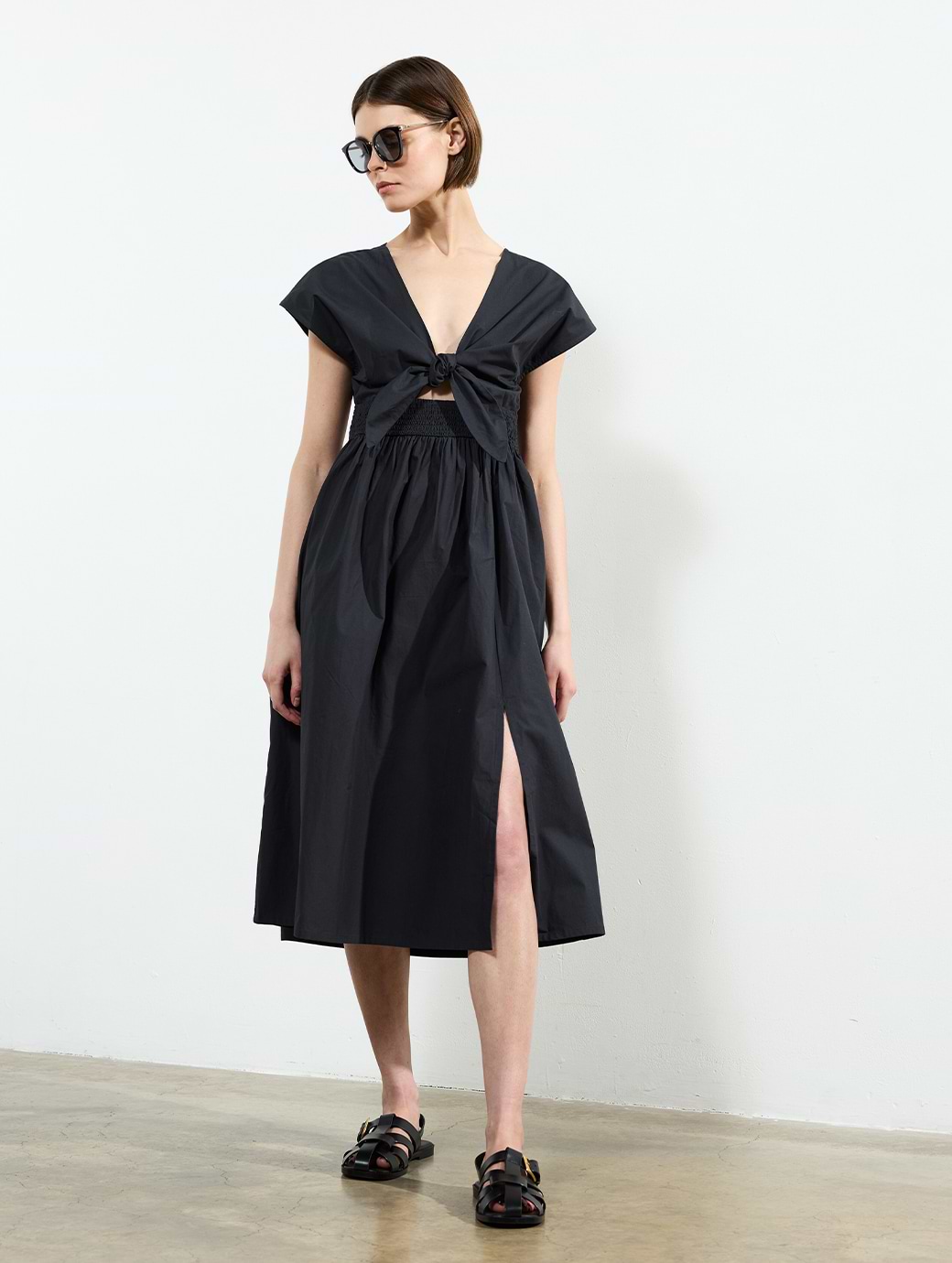 French Connection Barletta Poplin Tie Midi Dress Navy
