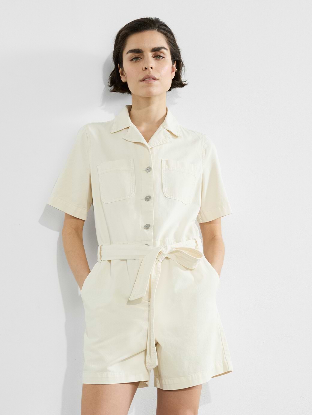 French Connection Dana Denim Short Sleeve Playsuit Ecru
