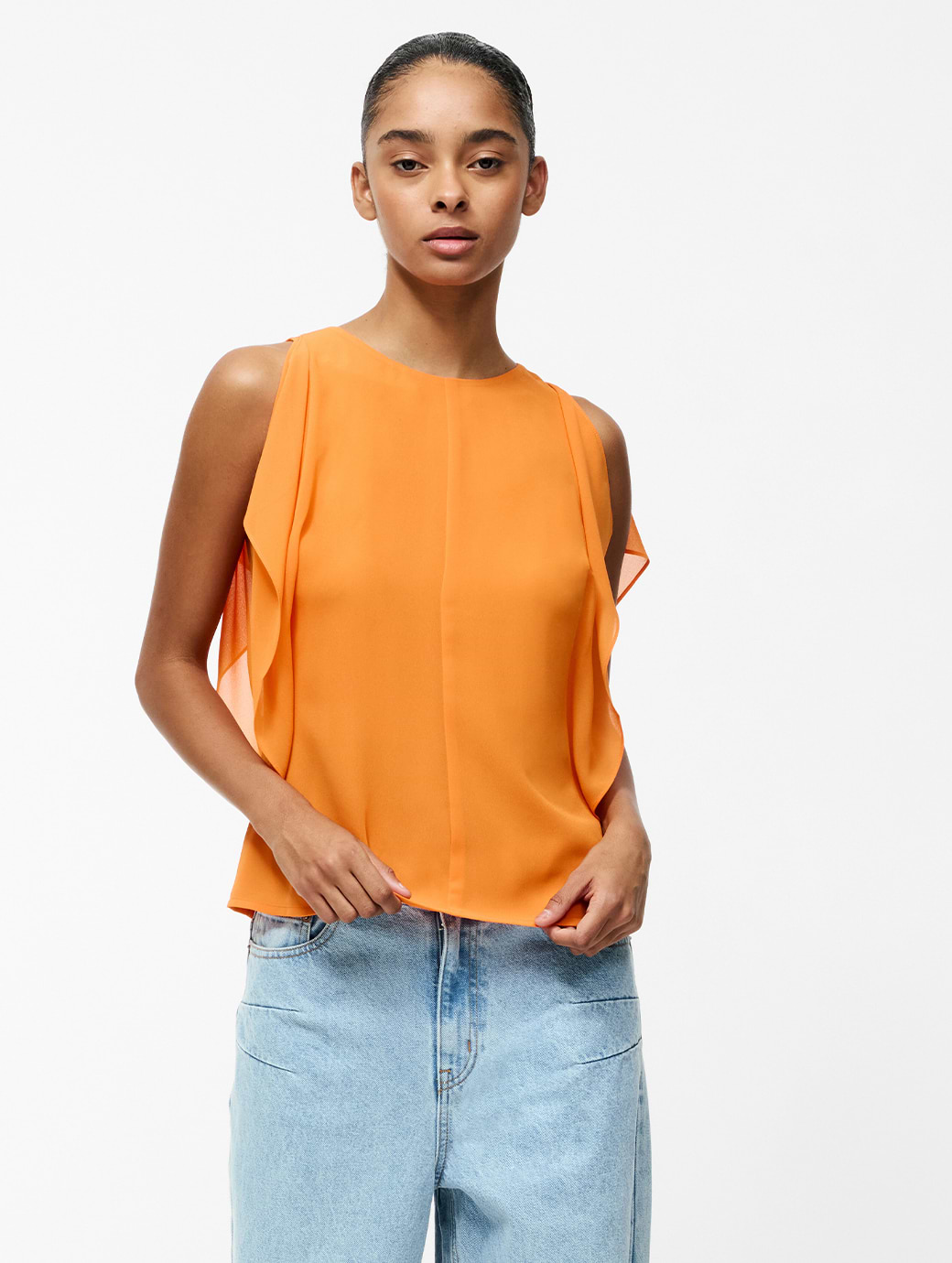 French Connection Eden Georgette Flutter Sleeve Top Papaya Orange