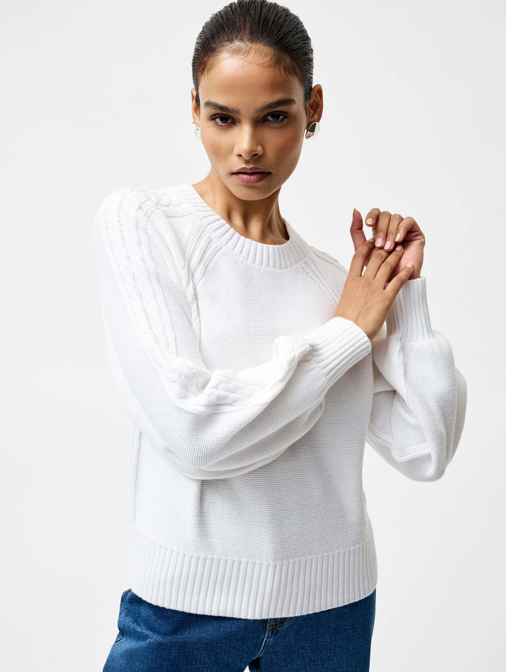French Connection Lily Cable Sleeve Jumper Linen White