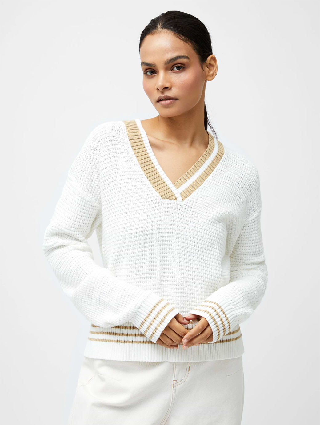 French Connection Lily Long Sleeve Varsity V-neck Jumper Summer White/Sand