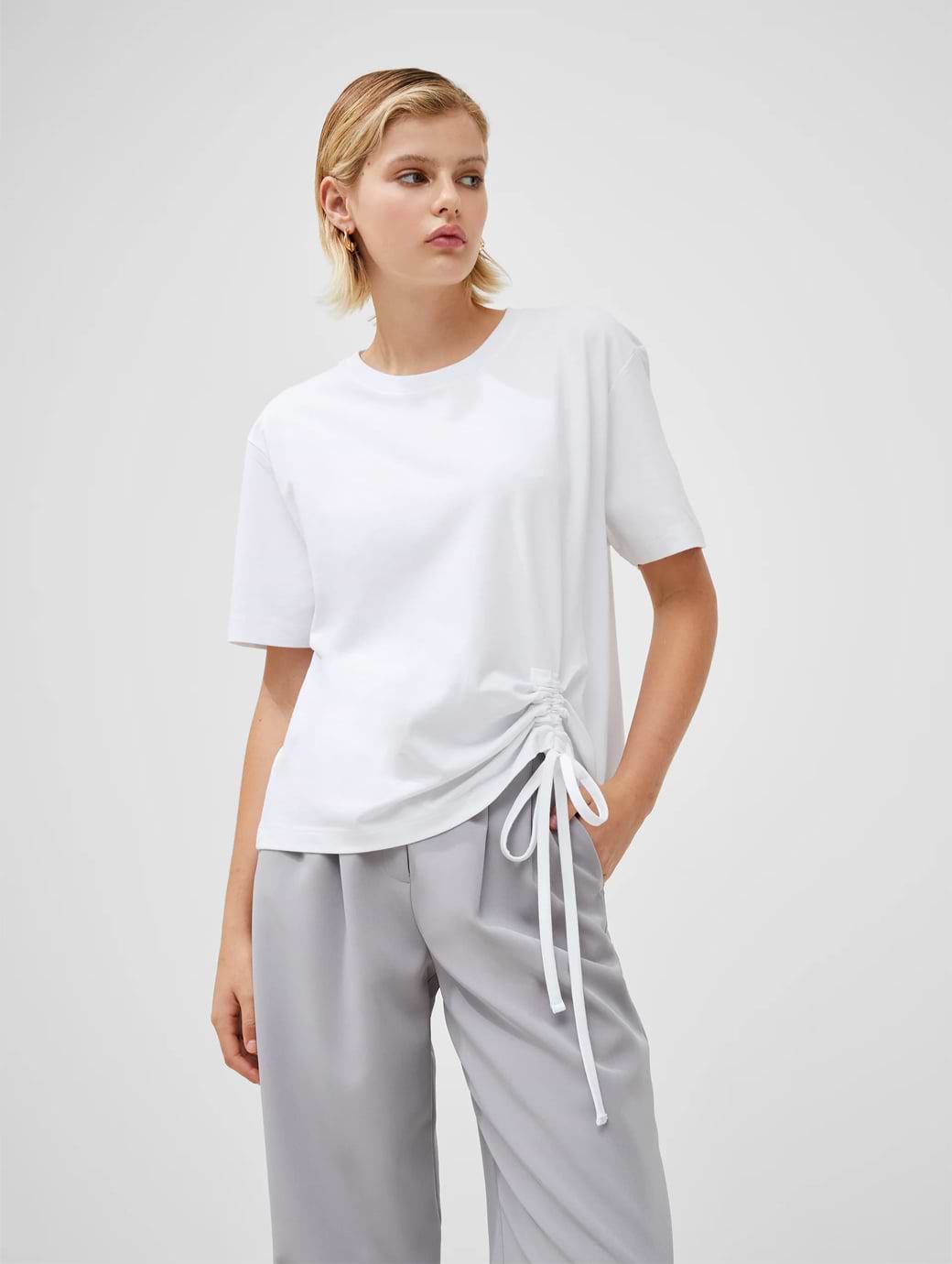 French Connection Rallie Cotton Rouched T-Shirt Linen White