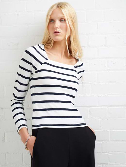 French Connection Rallie Stripe Square Neck Long Sleeve Top Striped White/Marine