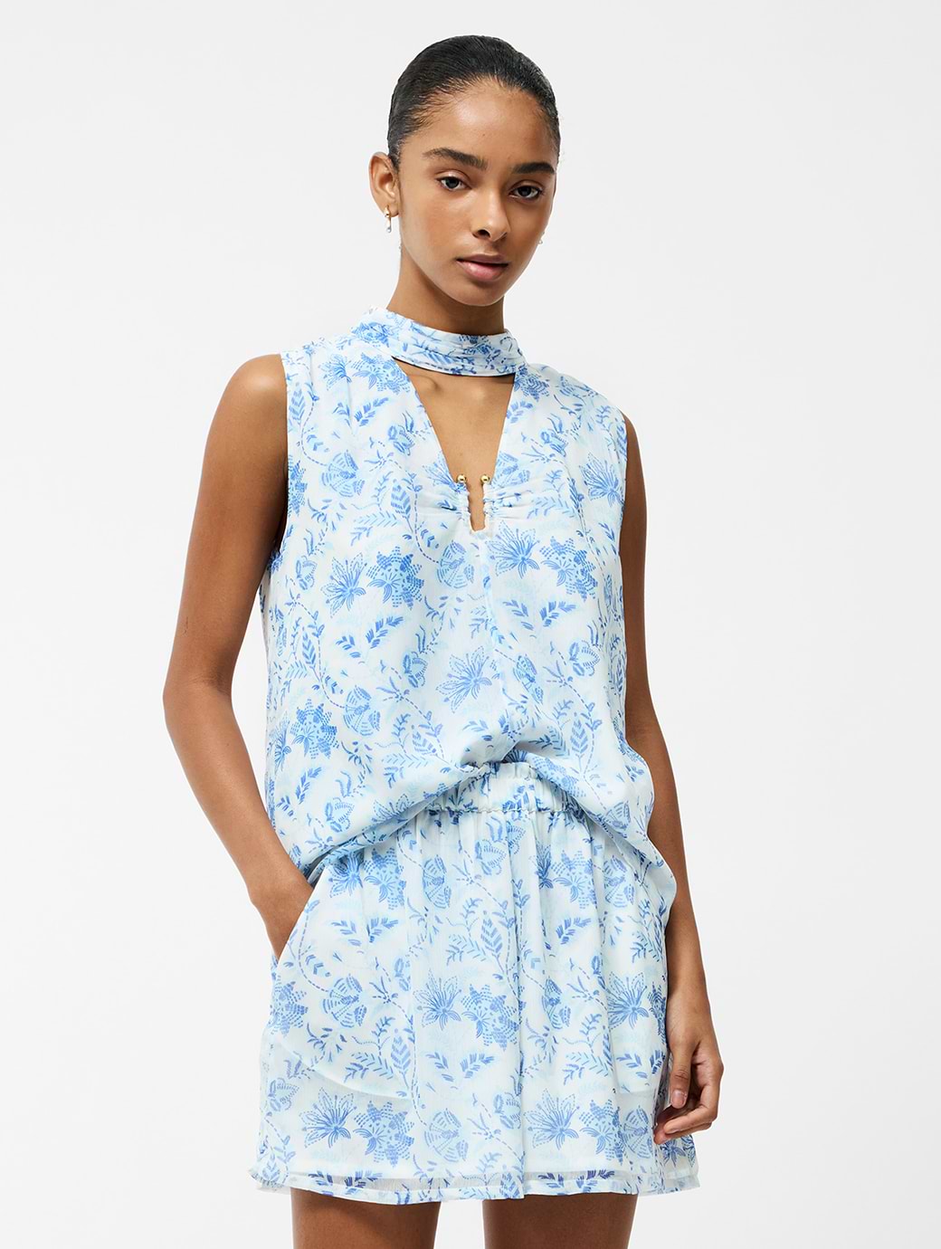 French Connection Serenity V-neck Trim Top Cream/Blue
