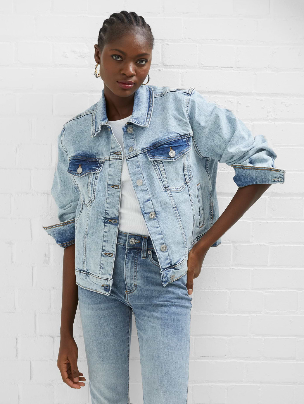 French Connection Stretch Trucker Jacket Bleached Out