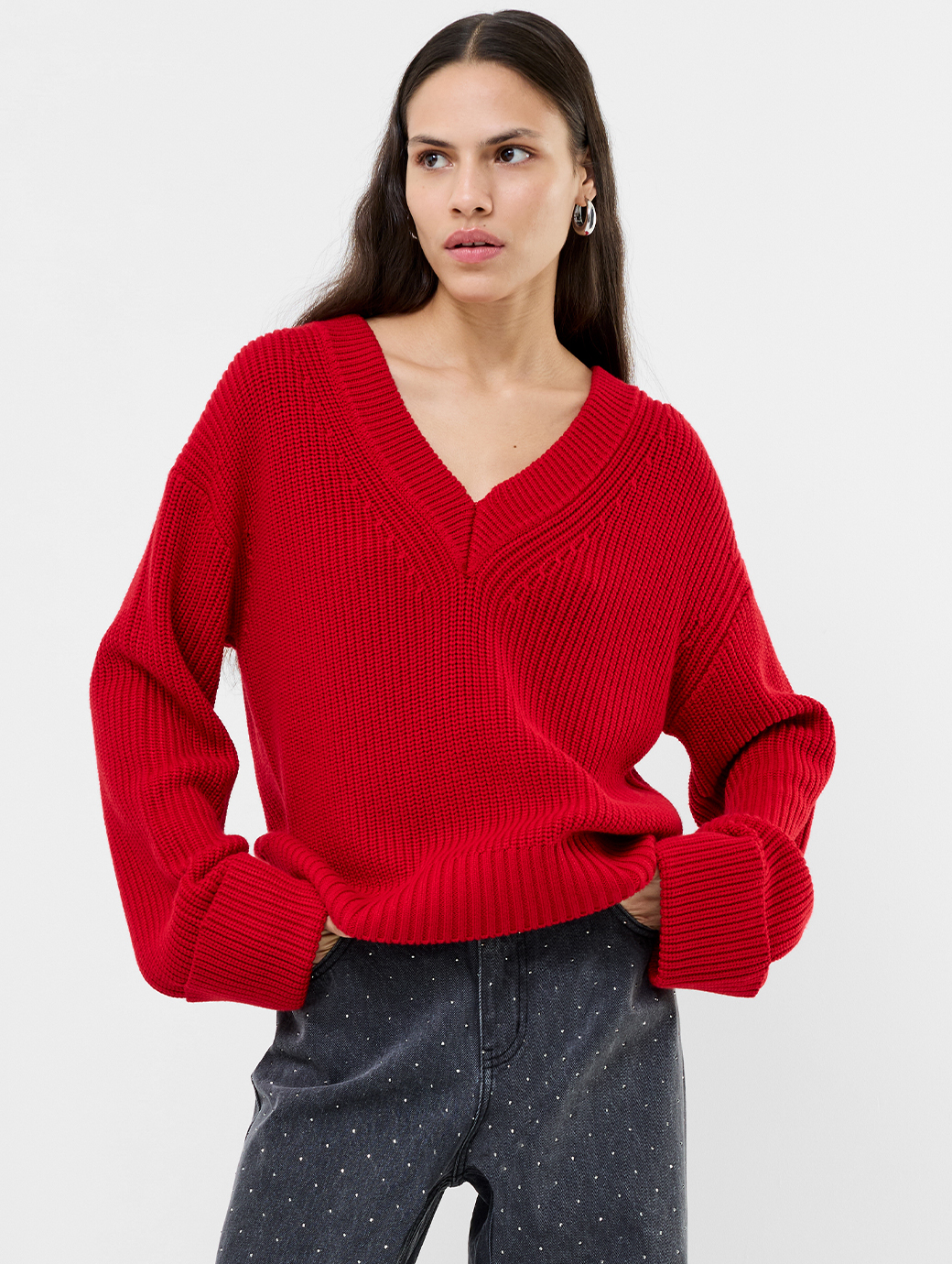 French Connection Women's Joss Long Sleeve V-neck Jumper Lipstick Red