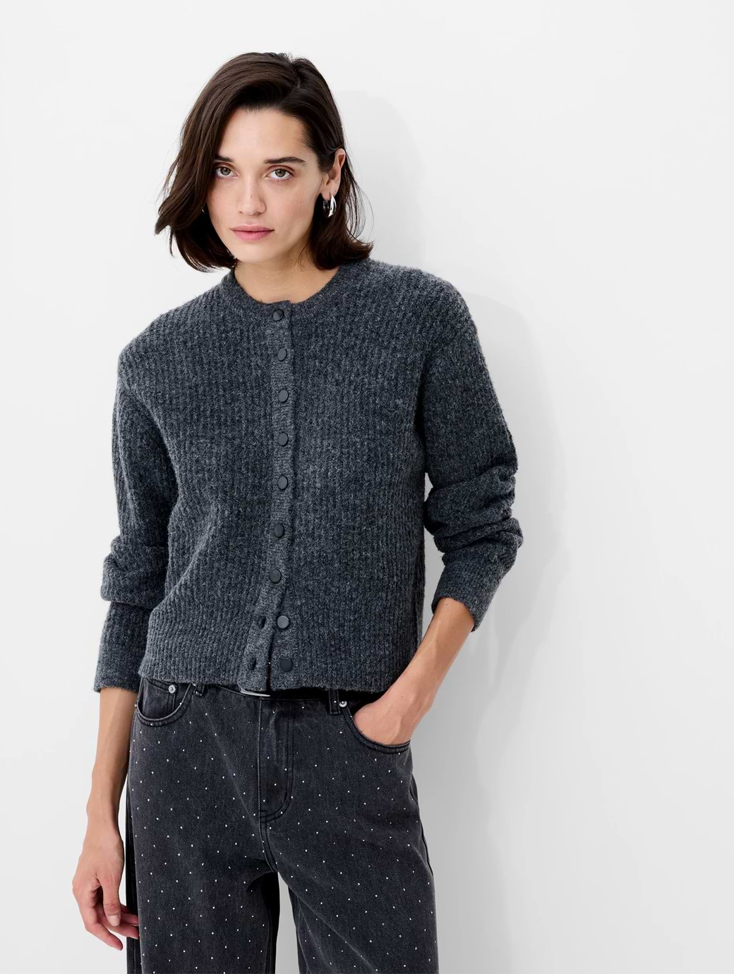 French Connection Women's Kezia Knit Long Sleeve Cardigan Graphite Melange