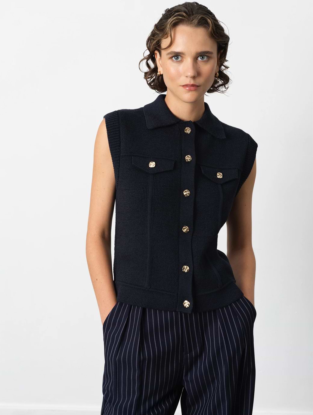 French Connection Women's Roland Knit Collared Gilet Indigo