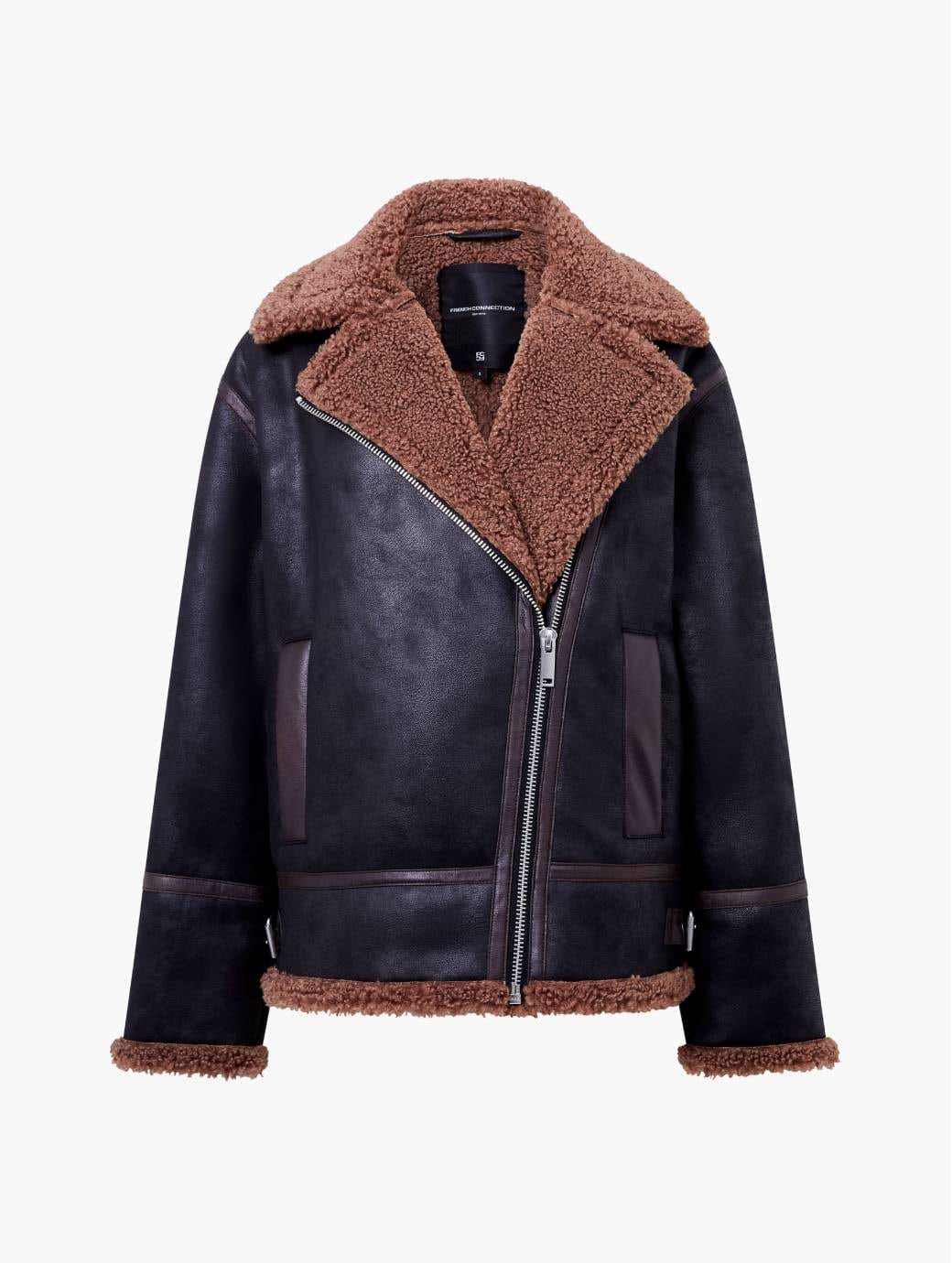French Connection Women's Suedette Zip Up Jacket Black Brown