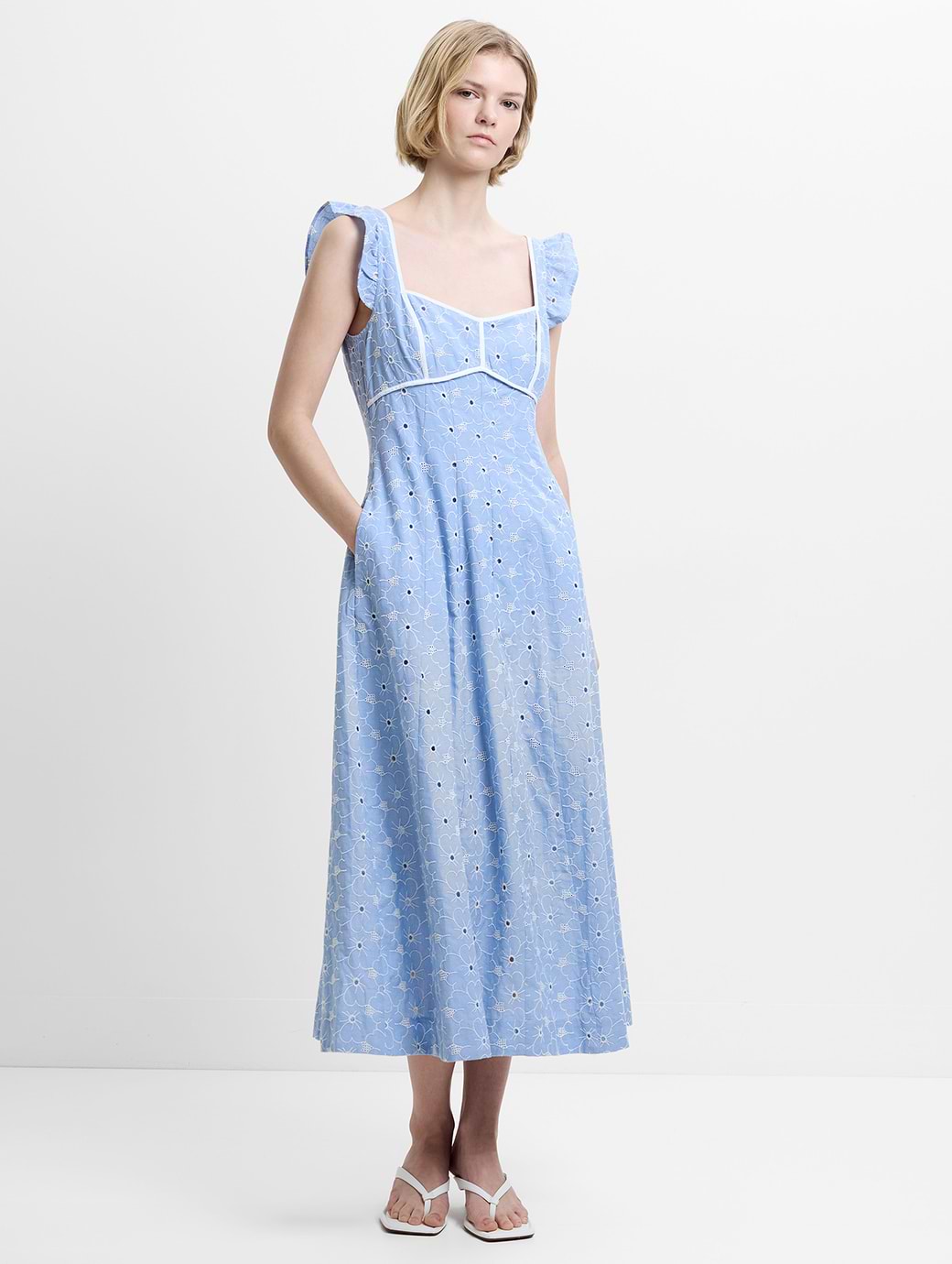 French Connection Women's Tamara Broderie Midi Dress Chambray Blue