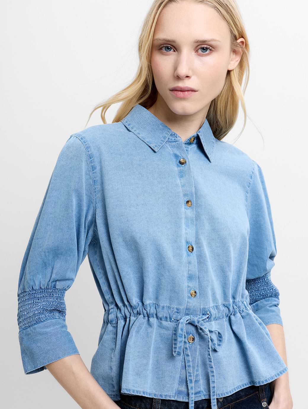 French Connection Women's Zaves Chambray Drawstring Top Light Wash