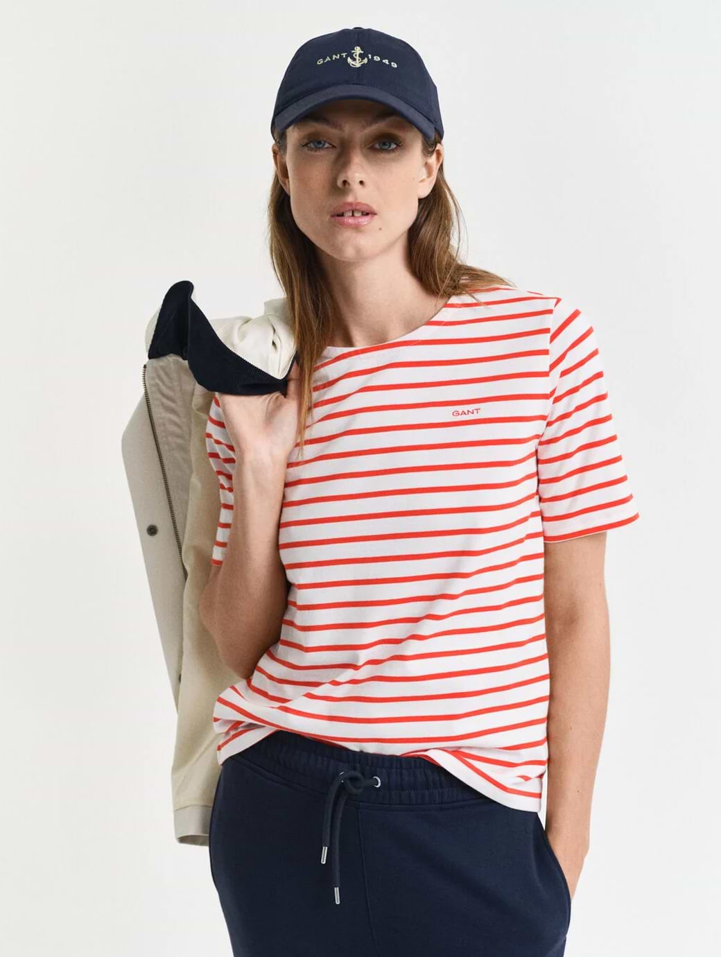 Gant Women's Breton C-Neck Short Sleeve T-Shirt Orange Red